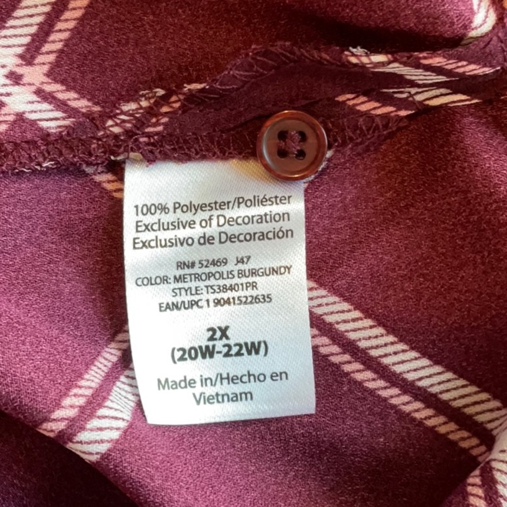 Terra & Sky Burgundy Plaid with Lace Button Down Blouse Size 2X, NWT - Picture 13 of 15